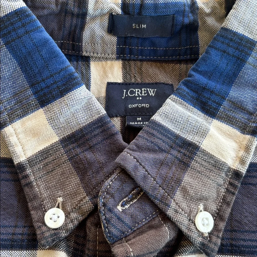 J Crew Slim Fit‎ Blue Brown Plaid Long Sleeve Button Up Shirt Size M